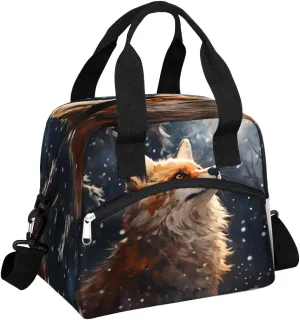 Winter Snowfall Red Fox Insulated Lunch Bag for Women Men Reusable Waterproof Lunch Box Cooler Tote Bag One shoulder portable meal bag Portable Adult Lunchbox for Work Picnic Hiking Beach