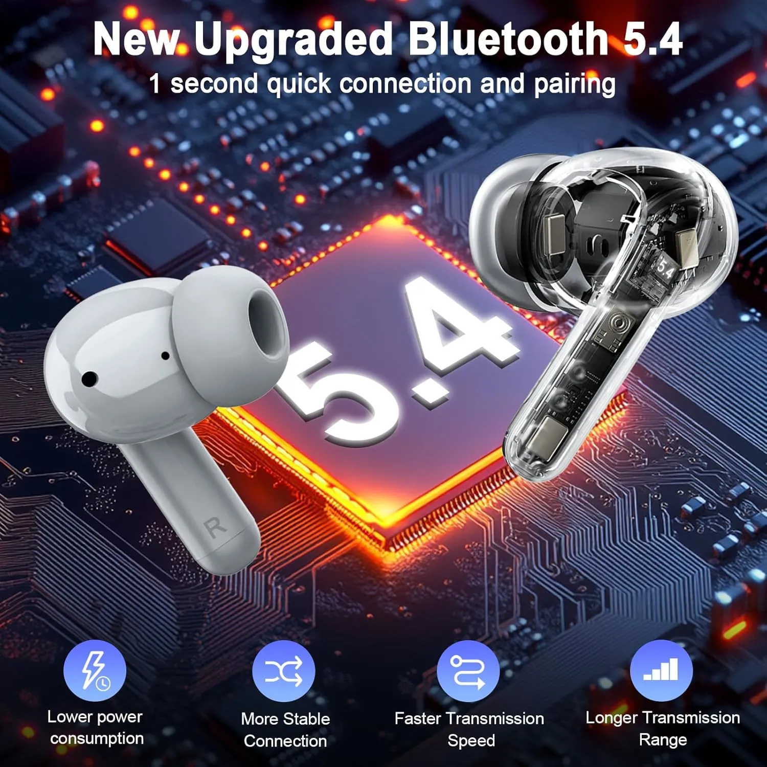 Wireless Earbuds Bluetooth 5.4 Headphones, 2025 Hi-Fi Stereo Bass Ear Buds, 4 ENC Noise Cancelling Mic 36Hrs USB-C in-Ear Earphones IP7 Waterproof Sport Workout for Laptop Pad Android iOS Phone, Grey