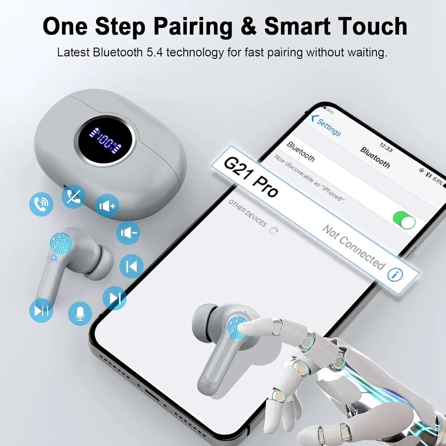 Wireless Earbuds Bluetooth 5.4 Headphones, 2025 Hi-Fi Stereo Bass Ear Buds, 4 ENC Noise Cancelling Mic 36Hrs USB-C in-Ear Earphones IP7 Waterproof Sport Workout for Laptop Pad Android iOS Phone, Grey