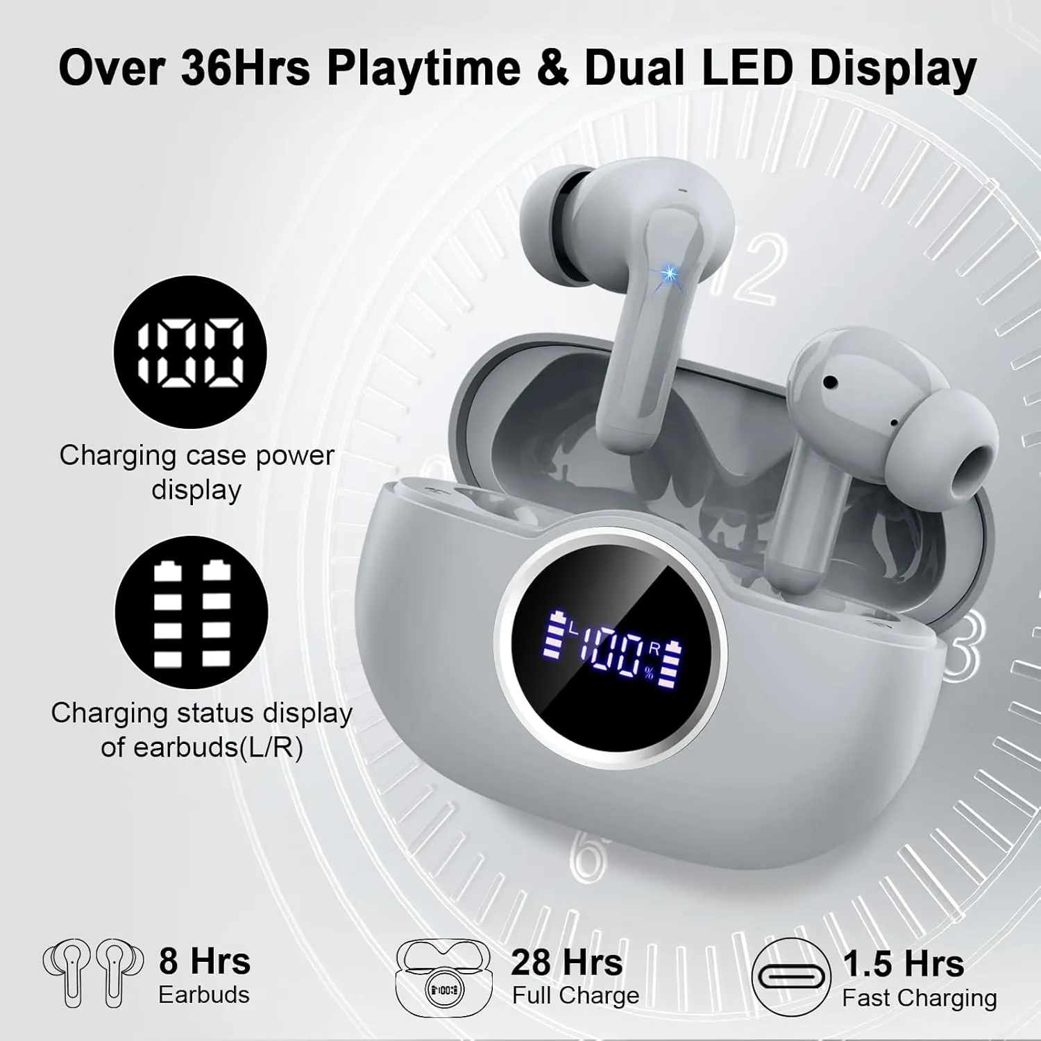 Wireless Earbuds Bluetooth 5.4 Headphones, 2025 Hi-Fi Stereo Bass Ear Buds, 4 ENC Noise Cancelling Mic 36Hrs USB-C in-Ear Earphones IP7 Waterproof Sport Workout for Laptop Pad Android iOS Phone, Grey