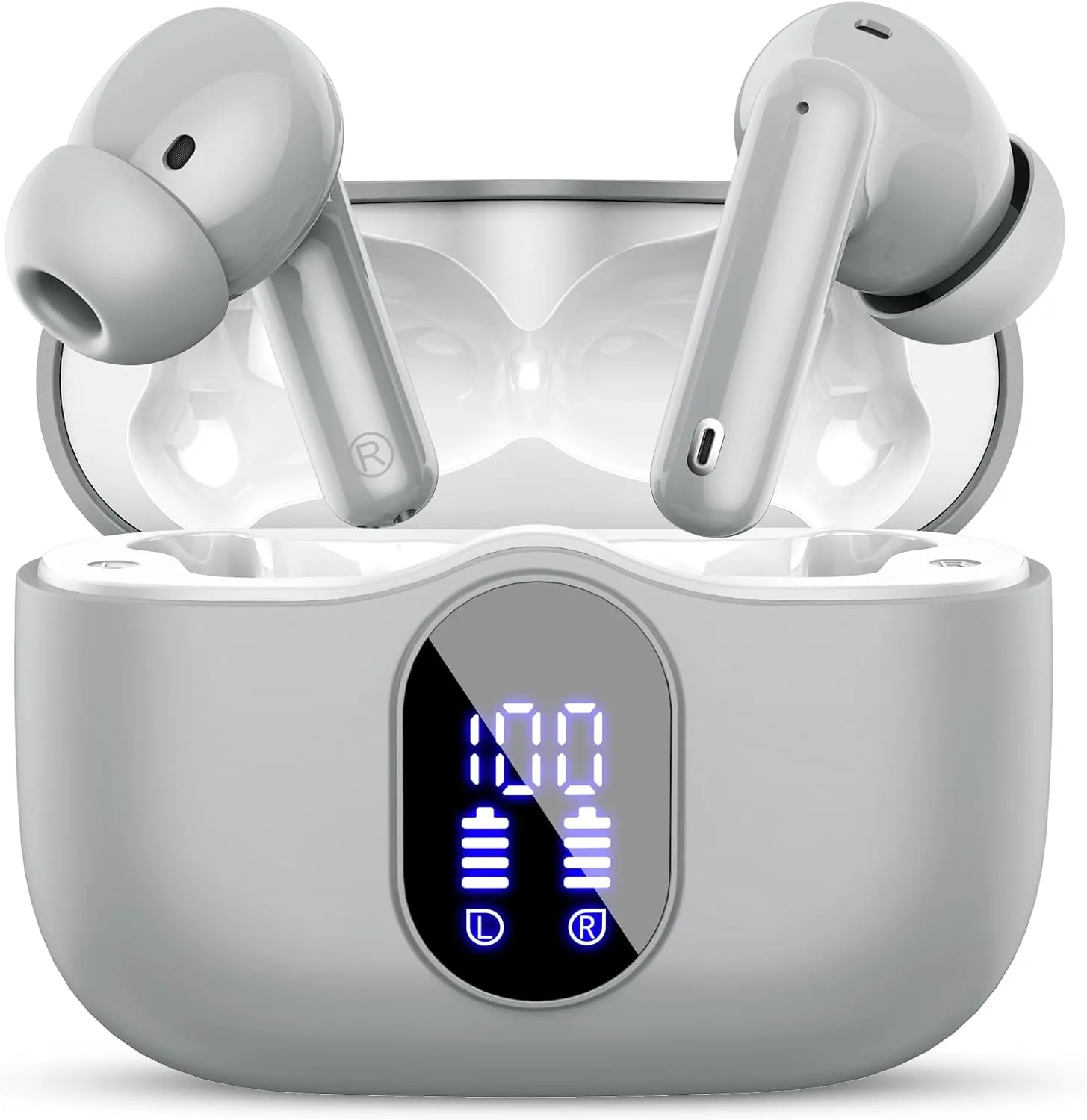 Wireless Earbuds Bluetooth 5.4 Headphones Bass Stereo Ear Buds with Noise Cancelling Mic LED Display in Ear Earphones IP7 Waterproof 36H Playtime for Laptop Pad Phones Sports Workout Grey