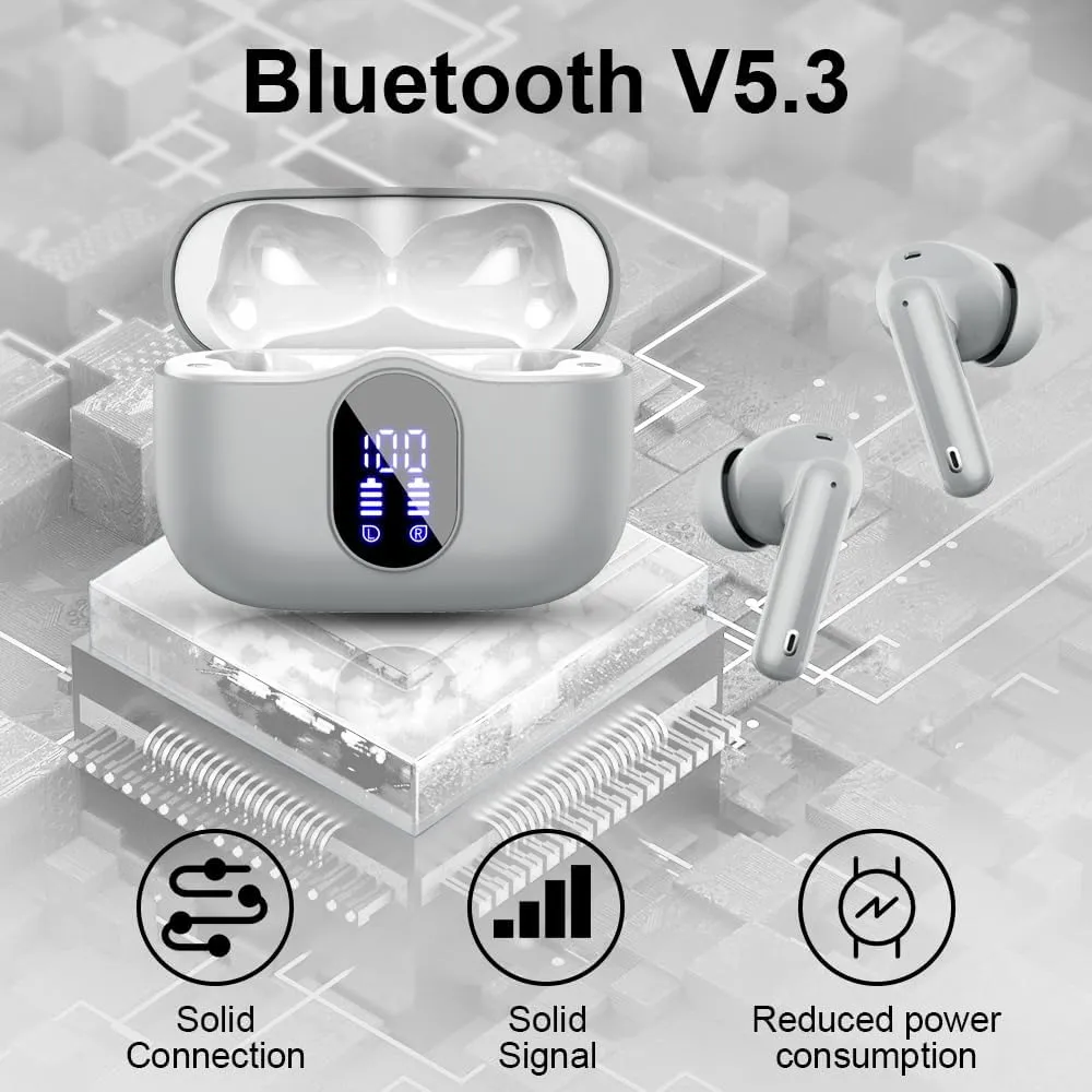 Wireless Earbuds Bluetooth 5.4 Headphones Bass Stereo Ear Buds with Noise Cancelling Mic LED Display in Ear Earphones IP7 Waterproof 36H Playtime for Laptop Pad Phones Sports Workout Grey