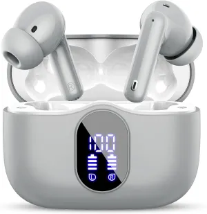 Wireless Earbuds Bluetooth 5.4 Headphones Bass Stereo Ear Buds with Noise Cancelling Mic LED Display in Ear Earphones IP7 Waterproof 36H Playtime for Laptop Pad Phones Sports Workout Grey