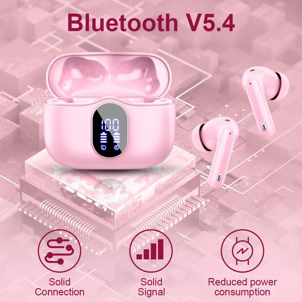 Wireless Earbuds Bluetooth 5.4 Headphones Bass Stereo Ear Buds with Noise Cancelling Mic LED Display in Ear Earphones IP7 Waterproof 36H Playtime for Laptop Pad Phones Sports Workout Pink