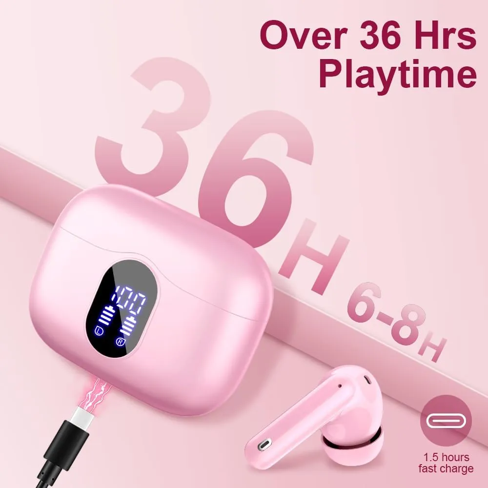 Wireless Earbuds Bluetooth 5.4 Headphones Bass Stereo Ear Buds with Noise Cancelling Mic LED Display in Ear Earphones IP7 Waterproof 36H Playtime for Laptop Pad Phones Sports Workout Pink