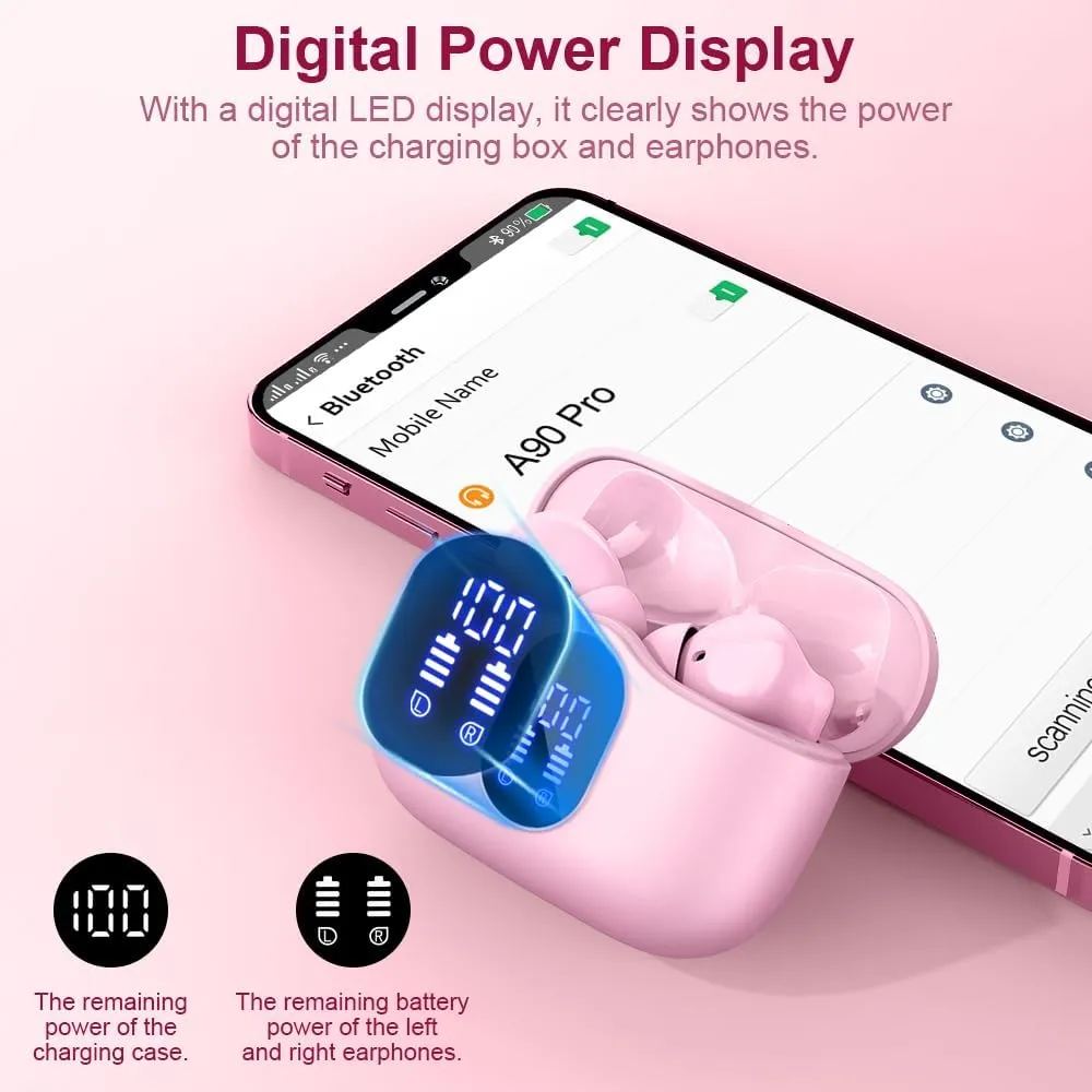 Wireless Earbuds Bluetooth 5.4 Headphones Bass Stereo Ear Buds with Noise Cancelling Mic LED Display in Ear Earphones IP7 Waterproof 36H Playtime for Laptop Pad Phones Sports Workout Pink