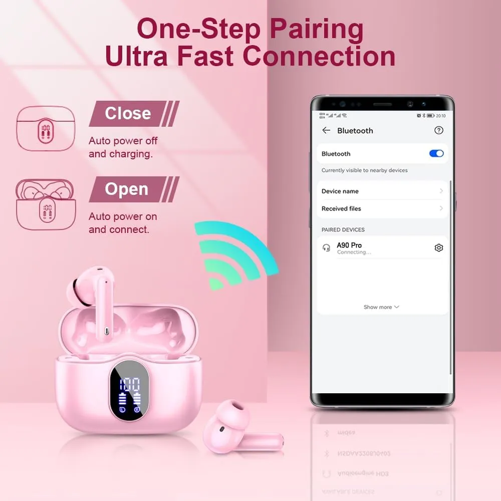 Wireless Earbuds Bluetooth 5.4 Headphones Bass Stereo Ear Buds with Noise Cancelling Mic LED Display in Ear Earphones IP7 Waterproof 36H Playtime for Laptop Pad Phones Sports Workout Pink