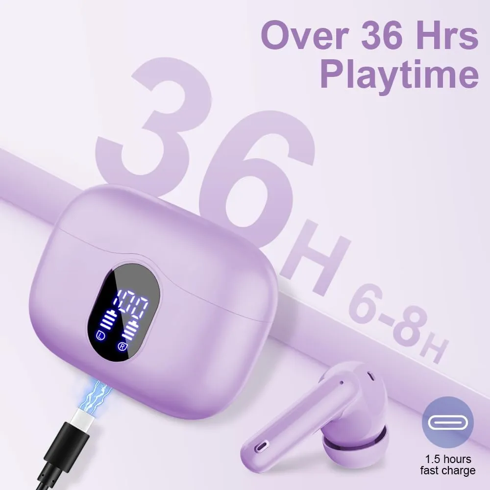 Wireless Earbuds Bluetooth 5.4 Headphones Bass Stereo Ear Buds with Noise Cancelling Mic LED Display in Ear Earphones IP7 Waterproof 36H Playtime for Laptop Pad Phones Sports Workout Purple