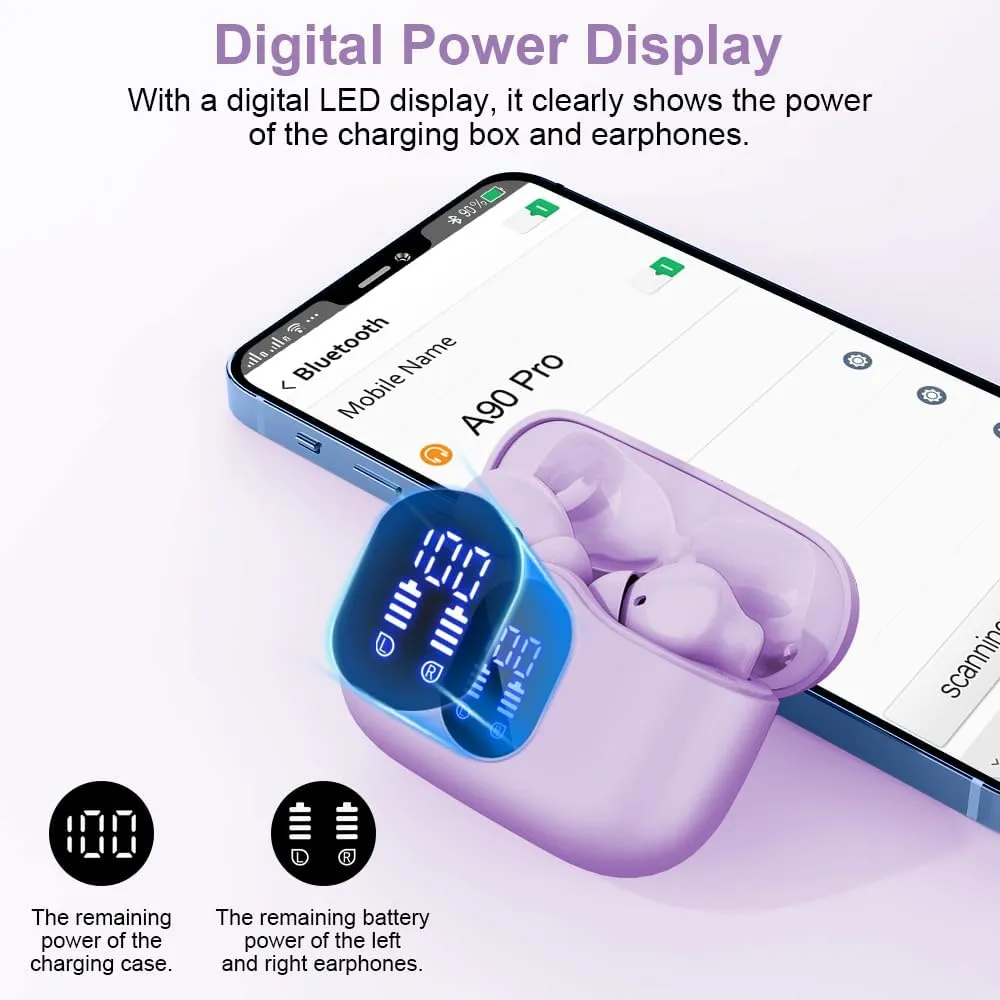Wireless Earbuds Bluetooth 5.4 Headphones Bass Stereo Ear Buds with Noise Cancelling Mic LED Display in Ear Earphones IP7 Waterproof 36H Playtime for Laptop Pad Phones Sports Workout Purple