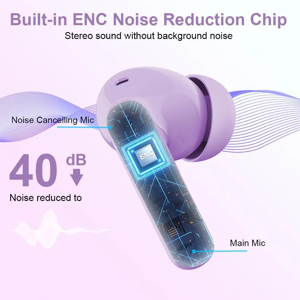 Wireless Earbuds Bluetooth 5.4 Headphones Bass Stereo Ear Buds with Noise Cancelling Mic LED Display in Ear Earphones IP7 Waterproof 36H Playtime for Laptop Pad Phones Sports Workout Purple