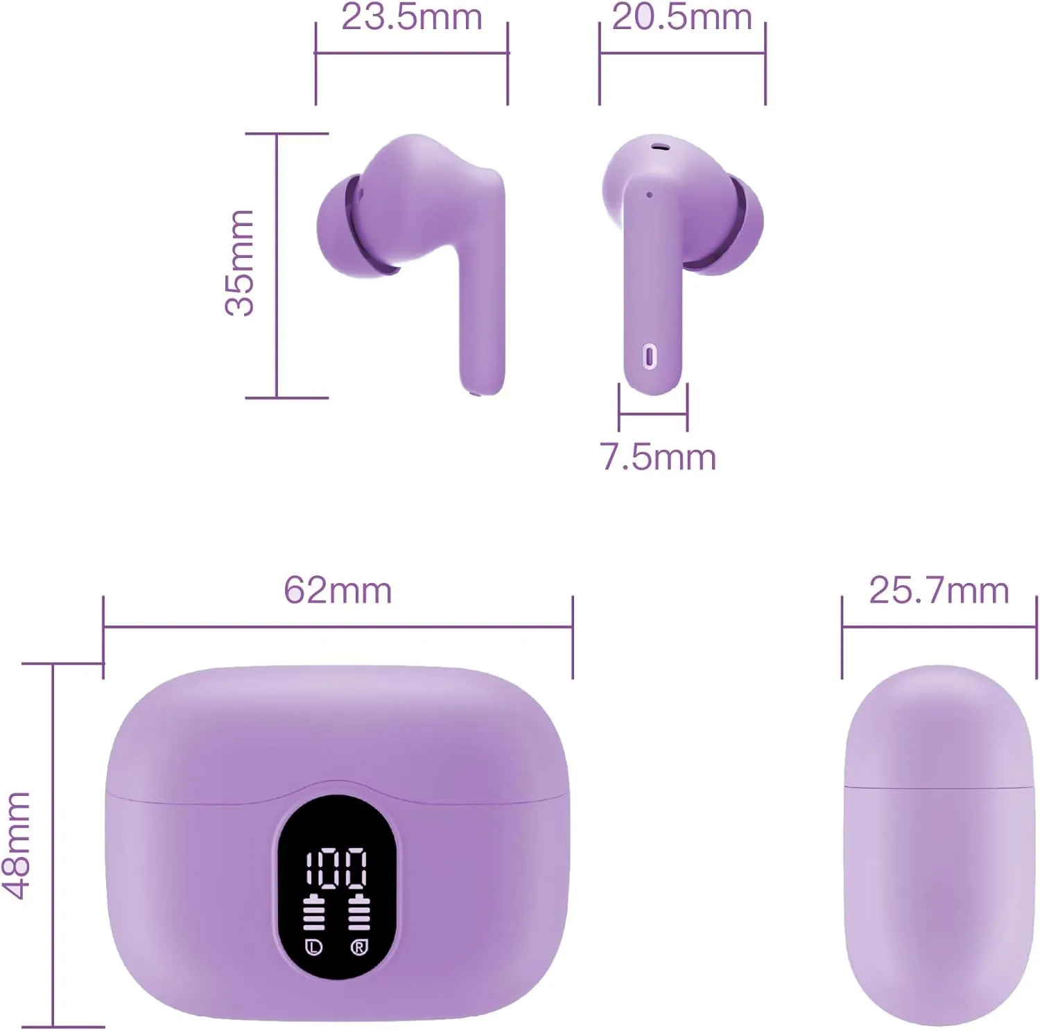 Wireless Earbuds Bluetooth 5.4 Headphones Bass Stereo Ear Buds with Noise Cancelling Mic LED Display in Ear Earphones IP7 Waterproof 36H Playtime for Laptop Pad Phones Sports Workout Purple