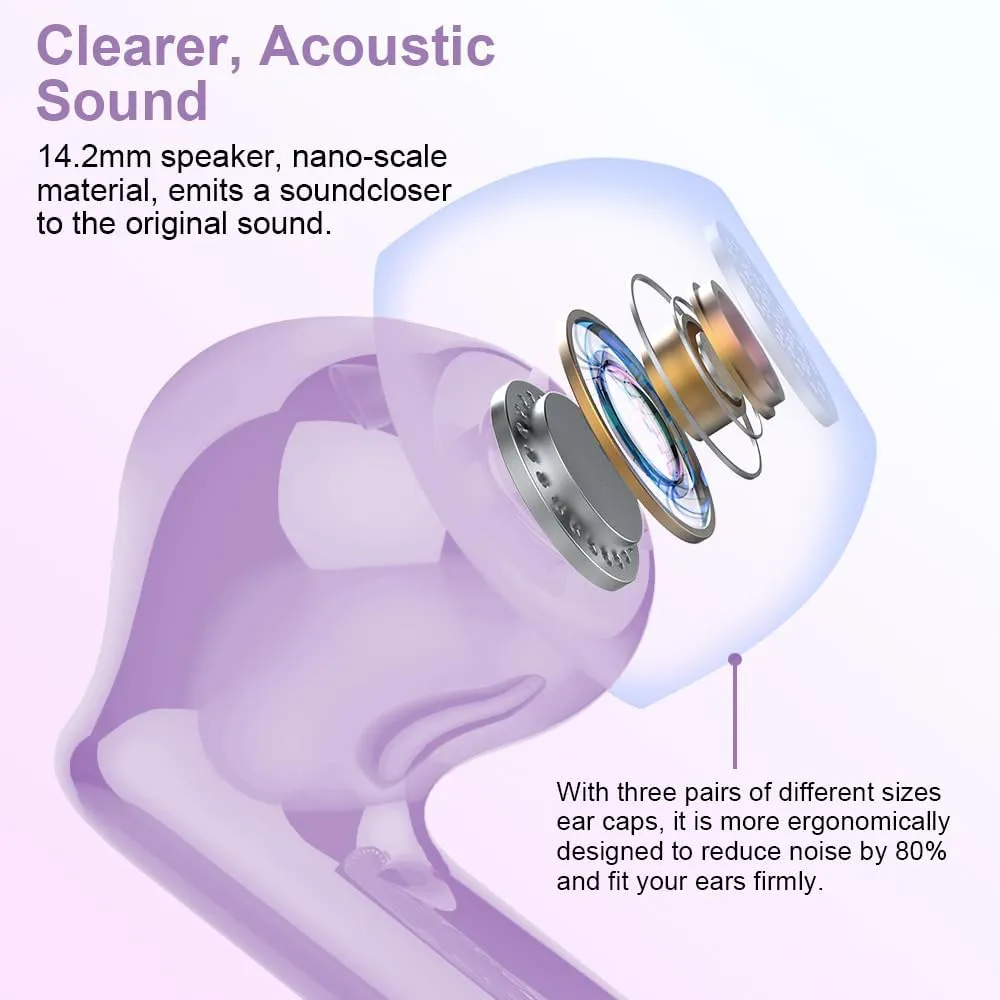 Wireless Earbuds Bluetooth 5.4 Headphones Bass Stereo Ear Buds with Noise Cancelling Mic LED Display in Ear Earphones IP7 Waterproof 36H Playtime for Laptop Pad Phones Sports Workout Purple