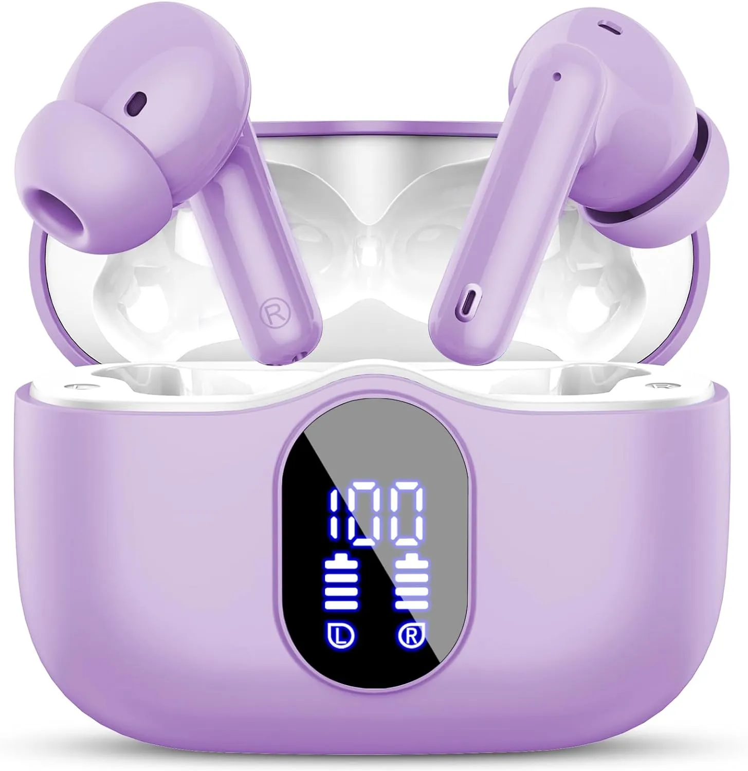 Wireless Earbuds Bluetooth 5.4 Headphones Bass Stereo Ear Buds with Noise Cancelling Mic LED Display in Ear Earphones IP7 Waterproof 36H Playtime for Laptop Pad Phones Sports Workout Purple