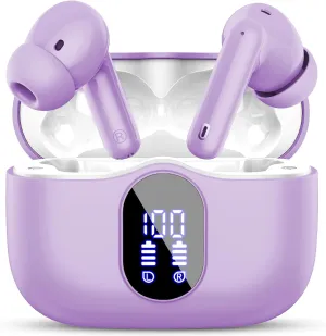 Wireless Earbuds Bluetooth 5.4 Headphones Bass Stereo Ear Buds with Noise Cancelling Mic LED Display in Ear Earphones IP7 Waterproof 36H Playtime for Laptop Pad Phones Sports Workout Purple