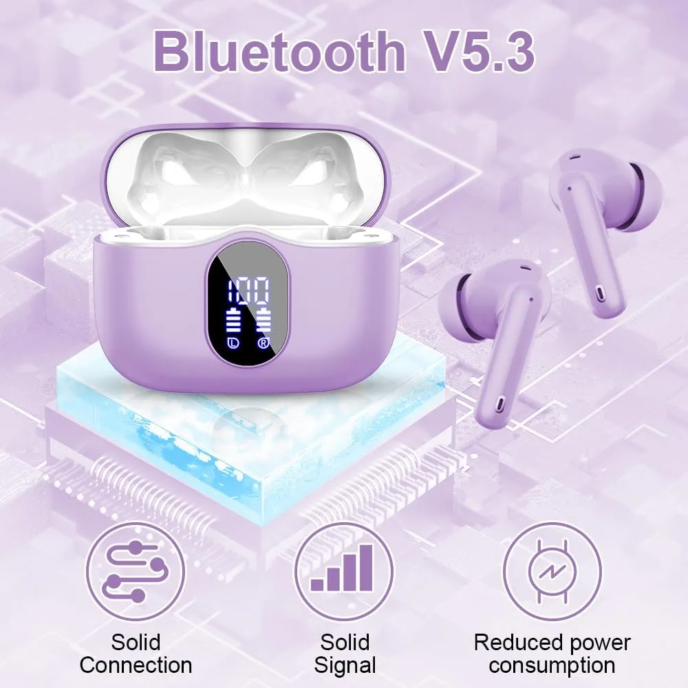 Wireless Earbuds Bluetooth 5.4 Headphones Bass Stereo Ear Buds with Noise Cancelling Mic LED Display in Ear Earphones IP7 Waterproof 36H Playtime for Laptop Pad Phones Sports Workout Purple