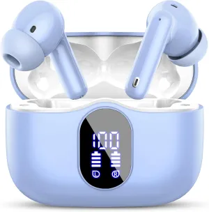 Wireless Earbuds, Bluetooth 5.4 Headphones Bass with Noise Cancelling Mic, Stereo Ear Buds, in Ear Earphones LED Display, IP7 Waterproof, 36H Playtime for Laptop Phones Sports Workout, Sky Blue