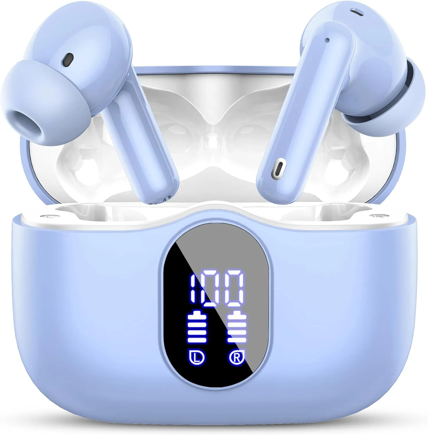 Wireless Earbuds, Bluetooth 5.4 Headphones Bass with Noise Cancelling Mic, Stereo Ear Buds, in Ear Earphones LED Display, IP7 Waterproof, 36H Playtime for Laptop Phones Sports Workout, Sky Blue