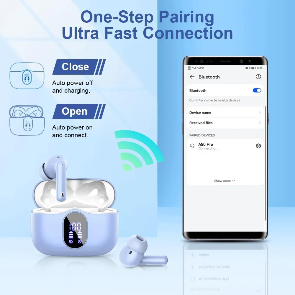 Wireless Earbuds, Bluetooth 5.4 Headphones Bass with Noise Cancelling Mic, Stereo Ear Buds, in Ear Earphones LED Display, IP7 Waterproof, 36H Playtime for Laptop Phones Sports Workout, Sky Blue