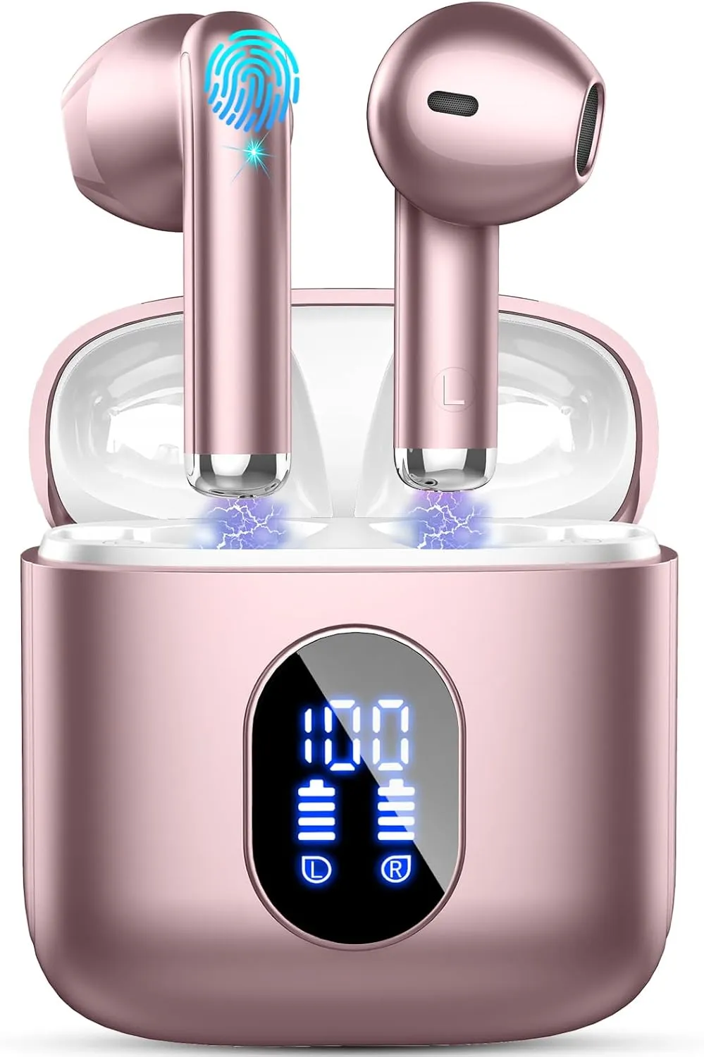 Wireless Earbuds, Bluetooth Headphones 5.4 with ENC Noise Cancelling Mics, 30H Bluetooth Ear Buds 3D Bass with LED Display Charging Case, IP7 Waterproof Wireless Earphones for Android, iOS, Rosegold