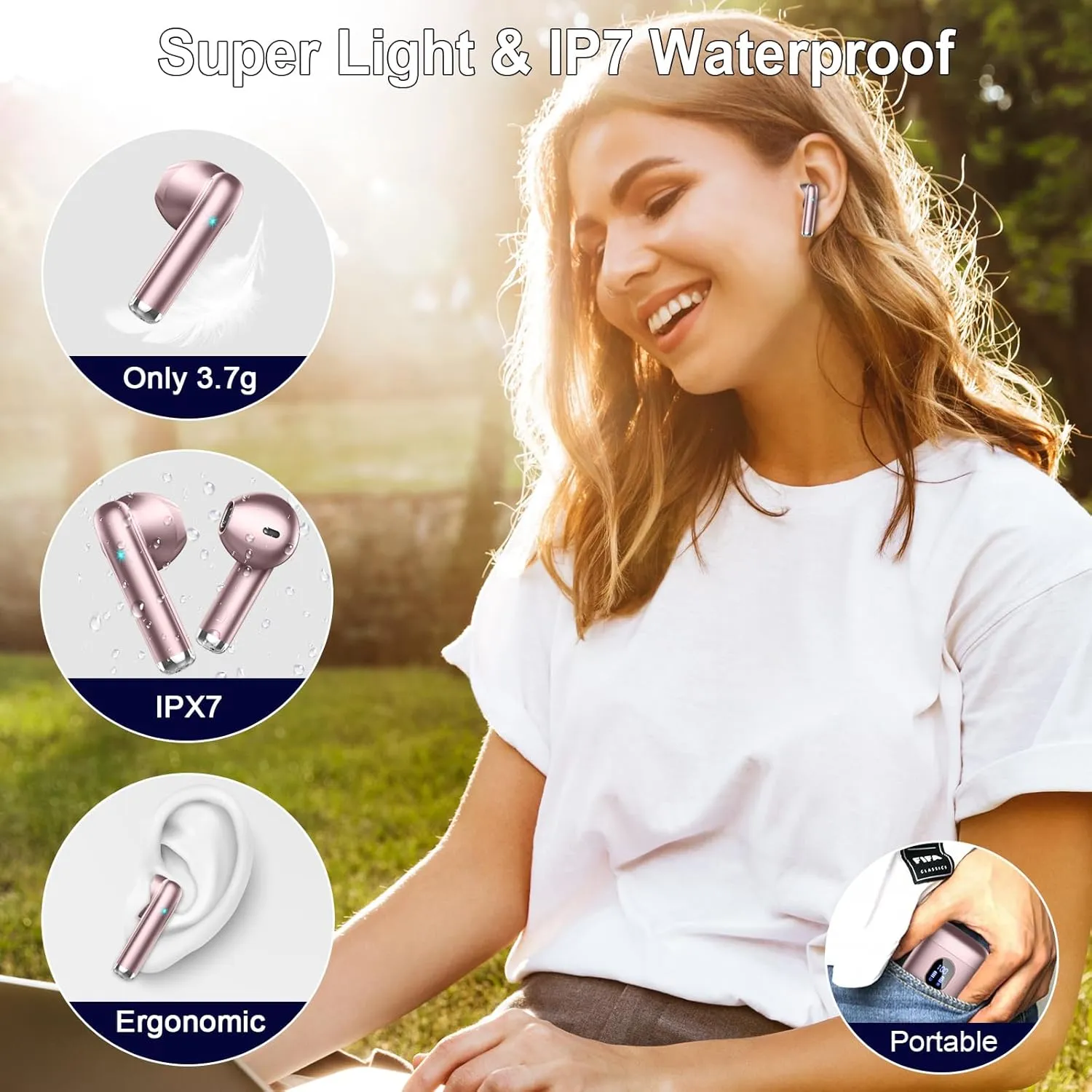 Wireless Earbuds, Bluetooth Headphones 5.4 with ENC Noise Cancelling Mics, 30H Bluetooth Ear Buds 3D Bass with LED Display Charging Case, IP7 Waterproof Wireless Earphones for Android, iOS, Rosegold
