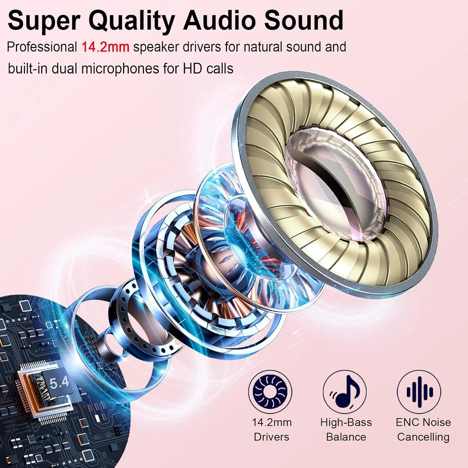 Wireless Earbuds, Bluetooth Headphones 5.4 with ENC Noise Cancelling Mics, 30H Bluetooth Ear Buds 3D Bass with LED Display Charging Case, IP7 Waterproof Wireless Earphones for Android, iOS, Rosegold