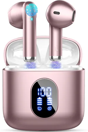 Wireless Earbuds, Bluetooth Headphones 5.4 with ENC Noise Cancelling Mics, 30H Bluetooth Ear Buds 3D Bass with LED Display Charging Case, IP7 Waterproof Wireless Earphones for Android, iOS, Rosegold