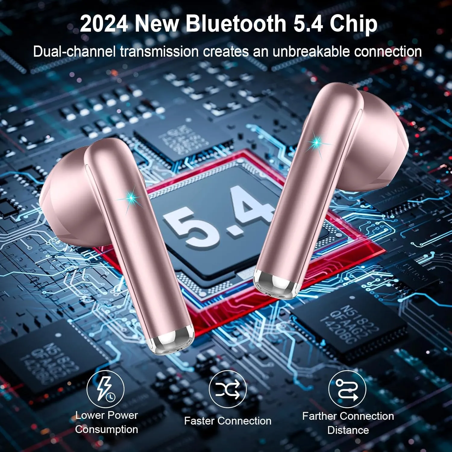 Wireless Earbuds, Bluetooth Headphones 5.4 with ENC Noise Cancelling Mics, 30H Bluetooth Ear Buds 3D Bass with LED Display Charging Case, IP7 Waterproof Wireless Earphones for Android, iOS, Rosegold
