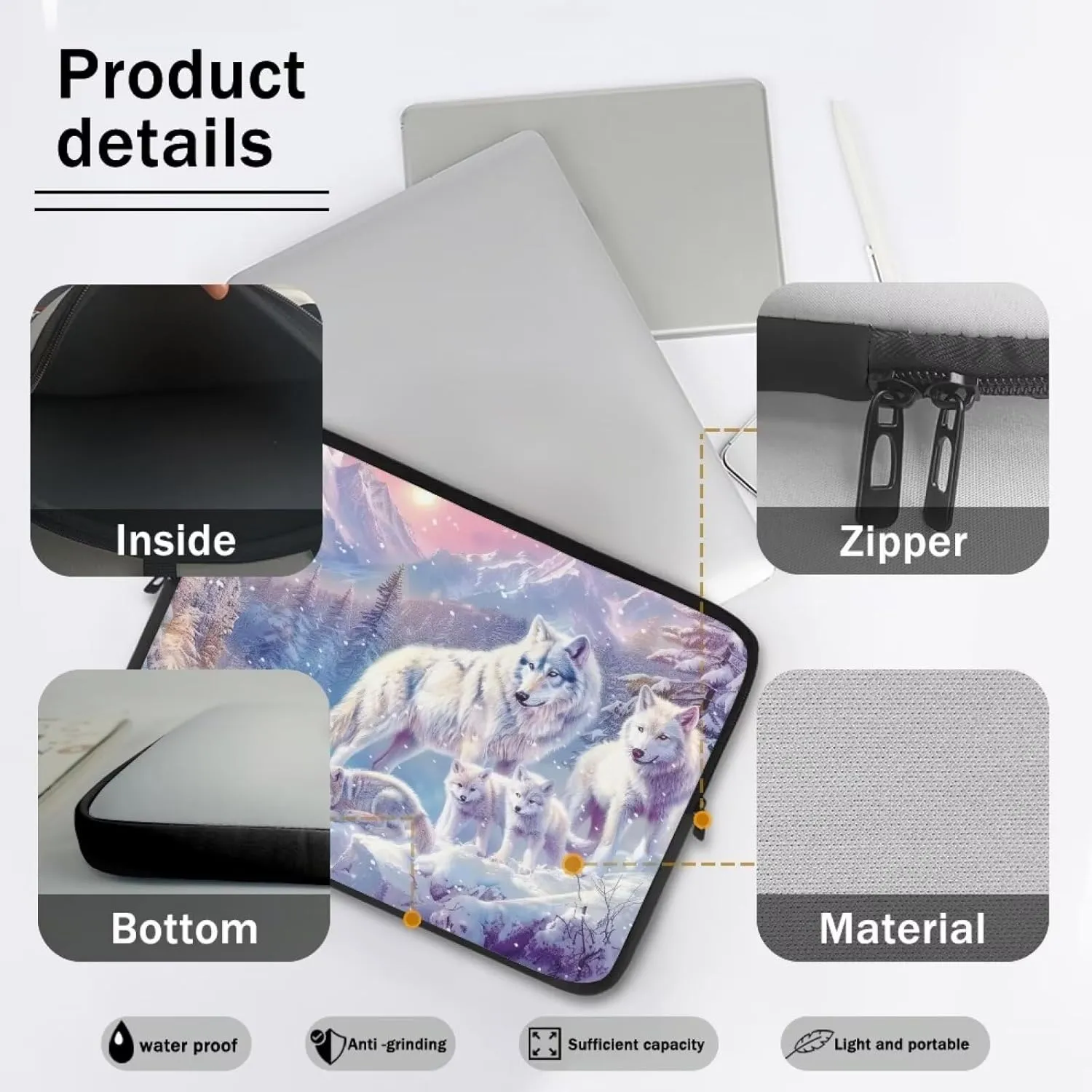 Wolf Printed Laptop Briefcases for Men Women, Lightweight 13 Inch Laptop Bag Protective Laptop Case Bag with Zipper, Washable Laptop Computer Bag Carrying Case Neoprene, Gift for Father