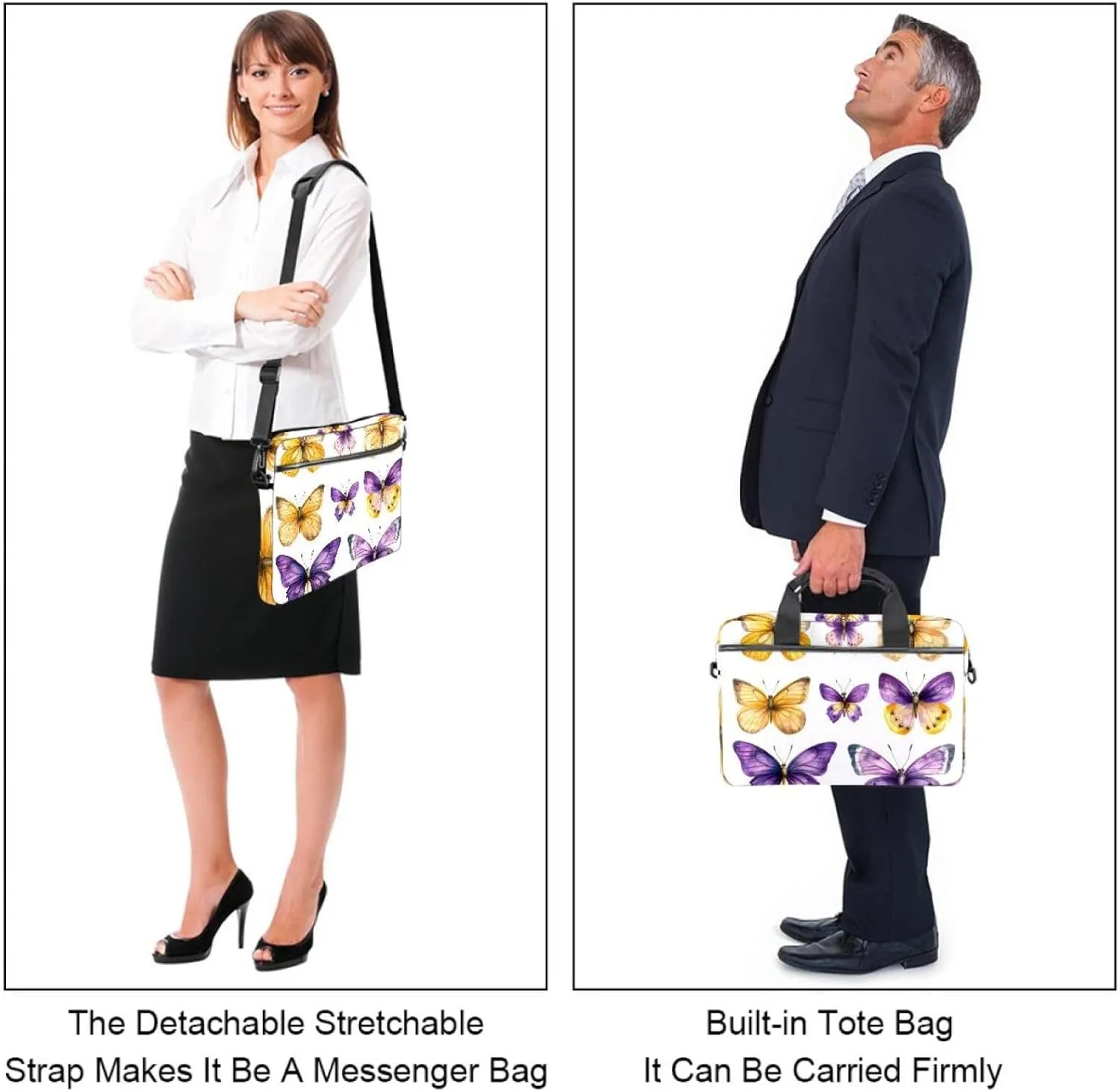 Women Laptop Bag Violet Floral Lavender and Purple Butterflies Laptop Computer Bag Work Tote Bag Shoulder Messenger Bag