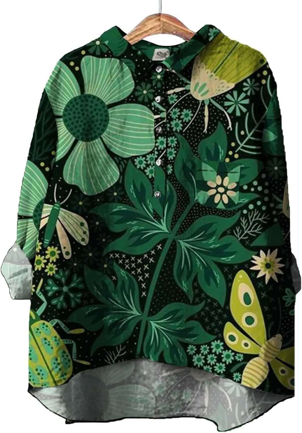 Women Long Sleeve Beach Shirt Printed Loose Fit Tee Tops Lapel Neck Button Blouses Long Short Sleeve Shirts for