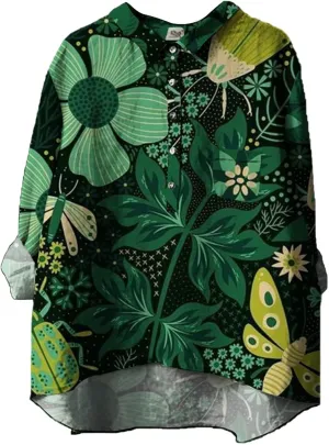 Women Long Sleeve Beach Shirt Printed Loose Fit Tee Tops Lapel Neck Button Blouses Long Short Sleeve Shirts for