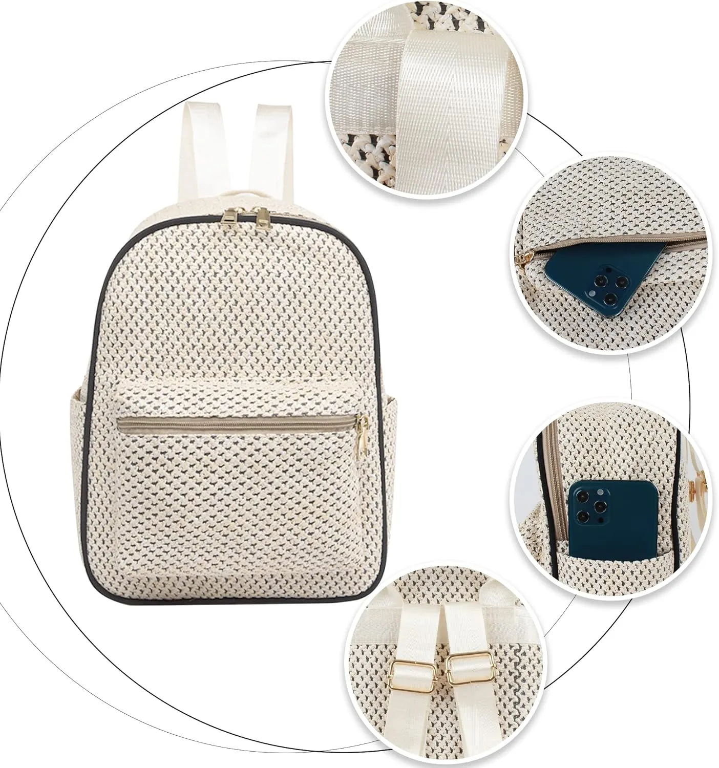 Women Medium Straw Handmade Woven Backpack Casual Beach Daypack Shoulders Bag