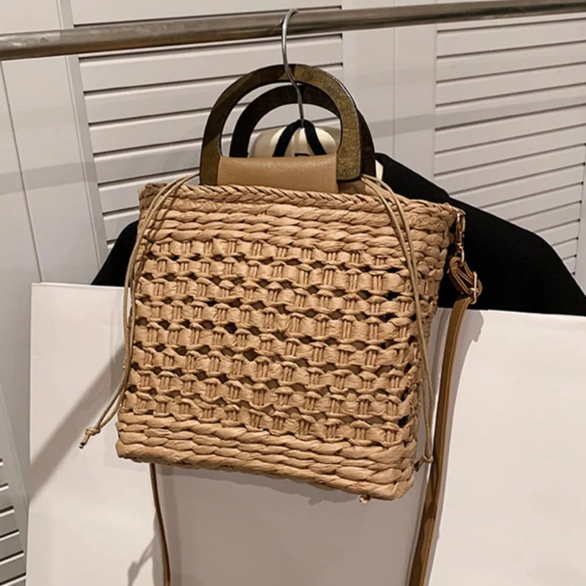 Women Straw Drawstring Bucket Purse Small Tote Shoulder Handbag Hollow Out Cross-body Bag for Summer,Beach