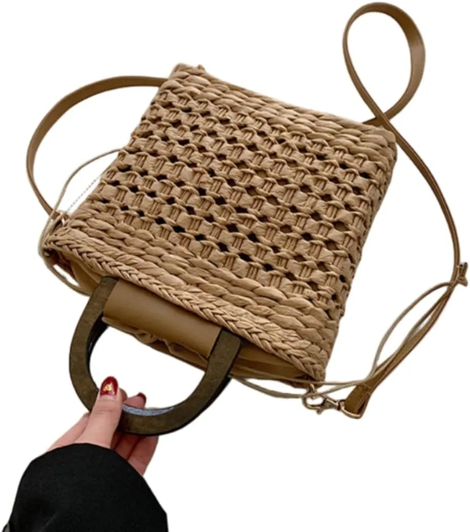 Women Straw Drawstring Bucket Purse Small Tote Shoulder Handbag Hollow Out Cross-body Bag for Summer,Beach