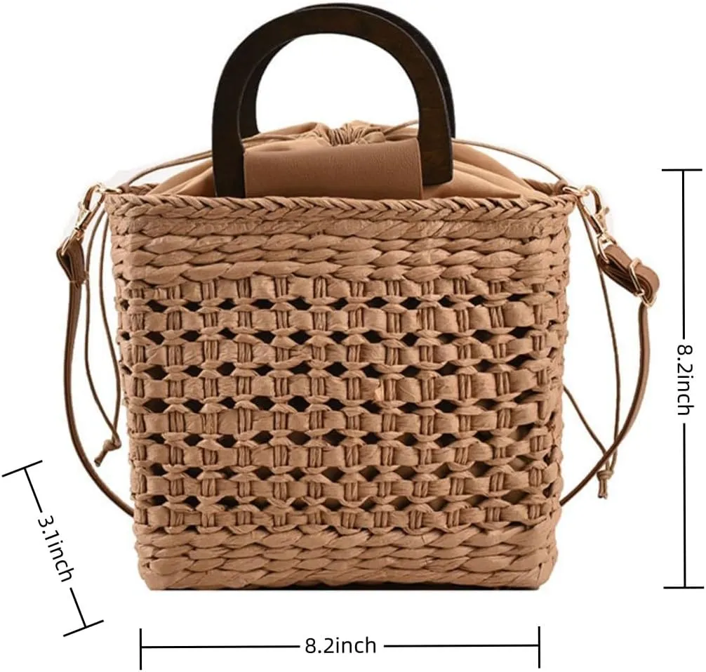 Women Straw Drawstring Bucket Purse Small Tote Shoulder Handbag Hollow Out Cross-body Bag for Summer,Beach