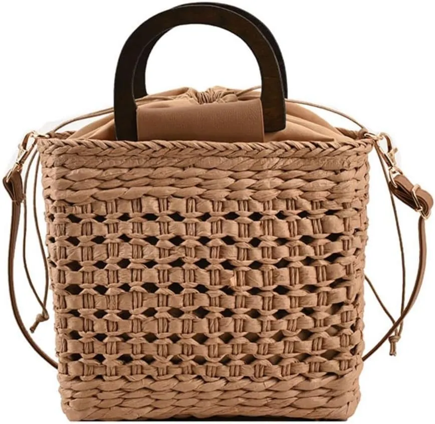 Women Straw Drawstring Bucket Purse Small Tote Shoulder Handbag Hollow Out Cross-body Bag for Summer,Beach