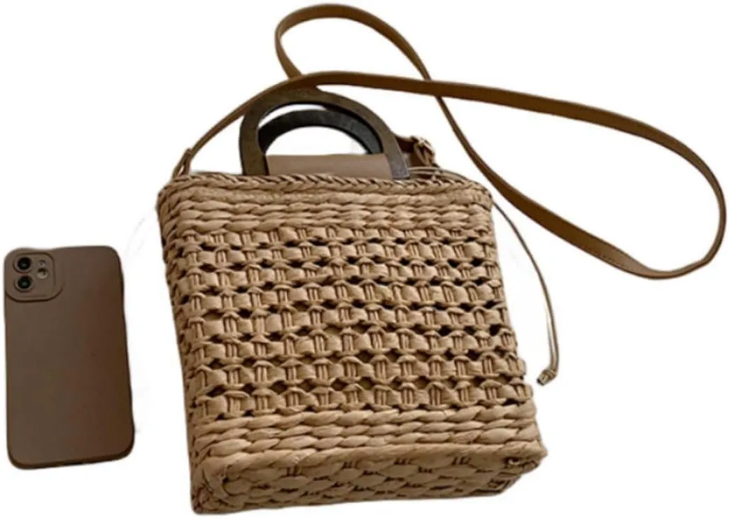 Women Straw Drawstring Bucket Purse Small Tote Shoulder Handbag Hollow Out Cross-body Bag for Summer,Beach