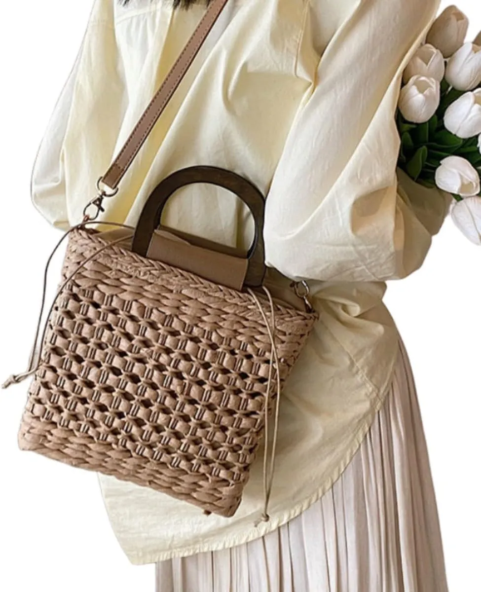 Women Straw Drawstring Bucket Purse Small Tote Shoulder Handbag Hollow Out Cross-body Bag for Summer,Beach