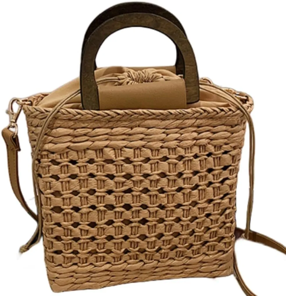 Women Straw Drawstring Bucket Purse Small Tote Shoulder Handbag Hollow Out Cross-body Bag for Summer,Beach