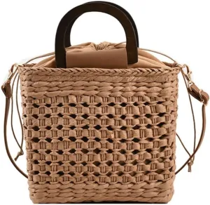 Women Straw Drawstring Bucket Purse Small Tote Shoulder Handbag Hollow Out Cross-body Bag for Summer,Beach