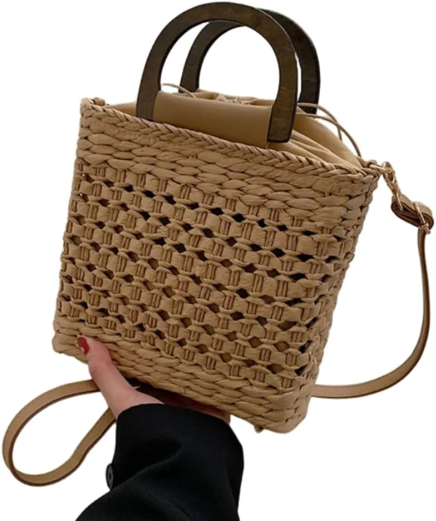 Women Straw Drawstring Bucket Purse Small Tote Shoulder Handbag Hollow Out Cross-body Bag for Summer,Beach