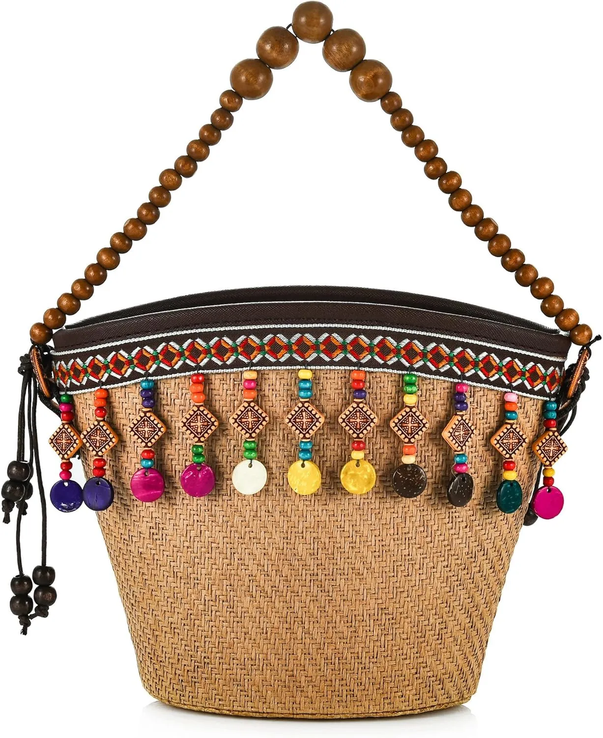 Women Straw Shell Crossbody Shoulder Bag Boho Summer Beach Woven Handmade Top-handle Hobo Tote Purse With Beads Pendants