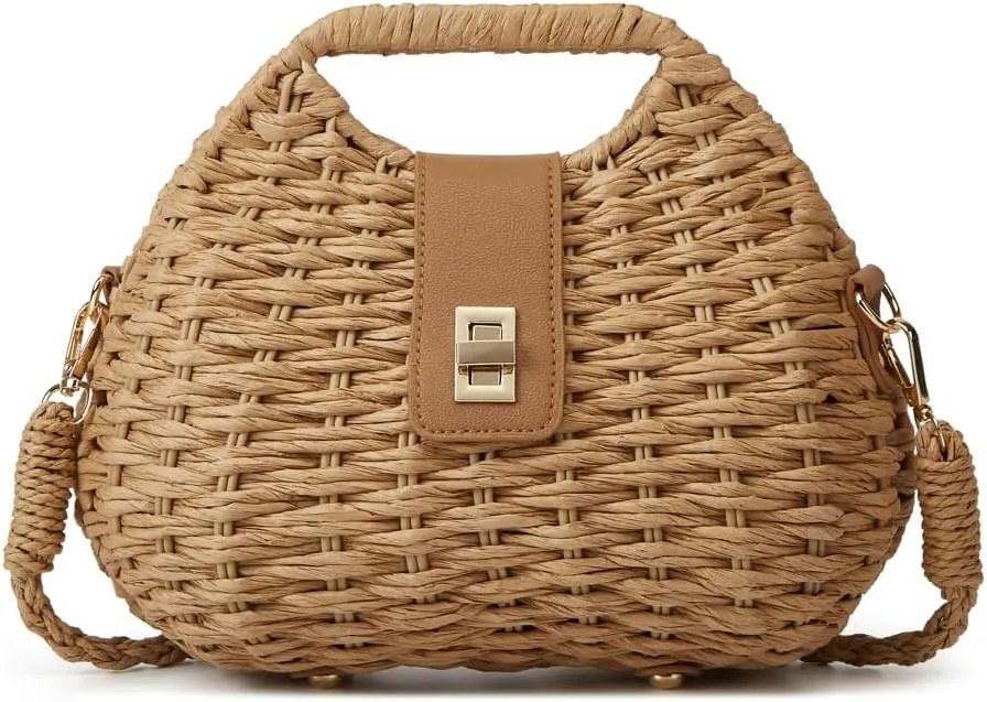 Women Straw Shoulder Handbag Natural Summer Beach Tote Bag Soft Bell Purse Straw Hobo Crossbody Bag 2025