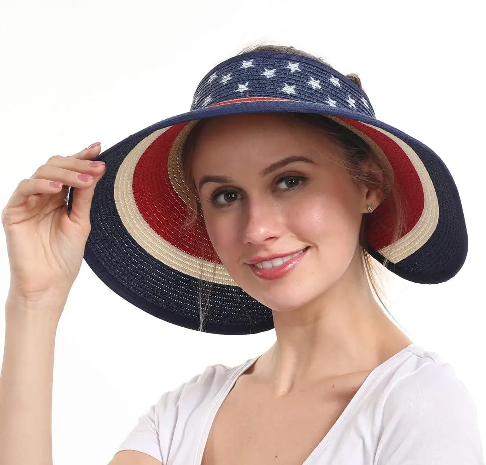Women Sun Visors Foldable Straw Hats Summer Beach Packable Hat Floppy Wide Brim Cap Deep Style, Adjustable Size