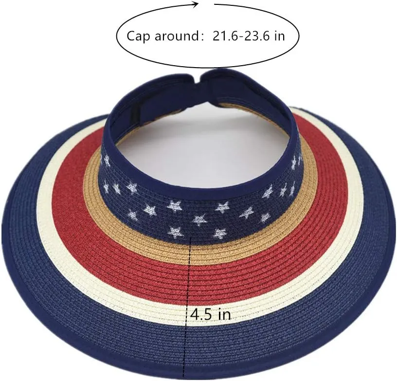 Women Sun Visors Foldable Straw Hats Summer Beach Packable Hat Floppy Wide Brim Cap Deep Style, Adjustable Size