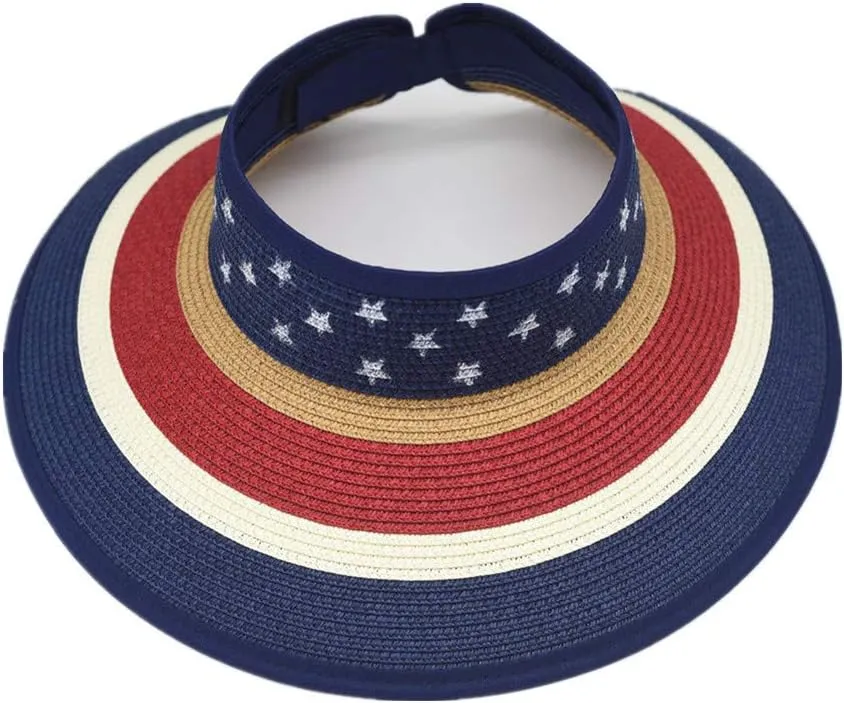Women Sun Visors Foldable Straw Hats Summer Beach Packable Hat Floppy Wide Brim Cap Deep Style, Adjustable Size