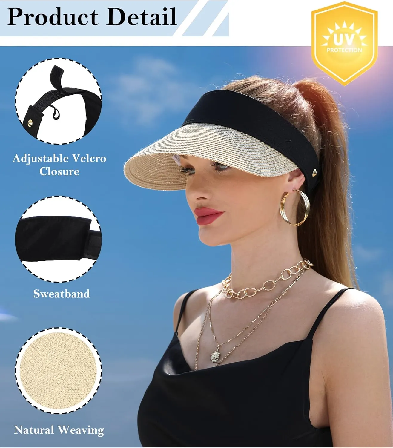 Women Wide Brim Straw Visor Sun Hat UV Protection Packable Beach Cap for Summer UPF 50 