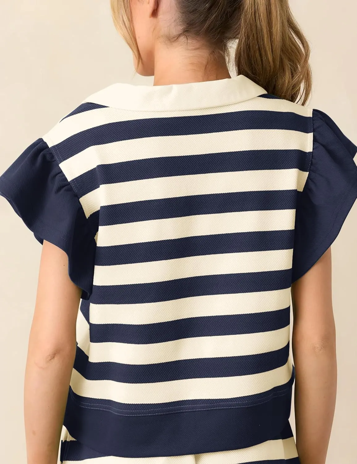 Women's 2 Piece Short Sets Summer Lounge Sets Striped V-Neck Short Sleeve Crop Top Matching Workout Travel Outfits