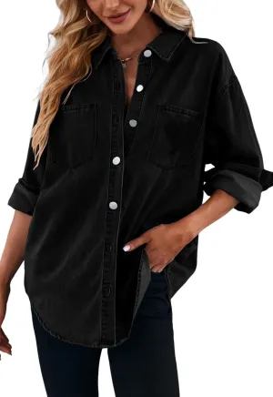 Women's Casual Button Down Denim Shirt Long Sleeve Boyfriend Oversized Jean Jacket with Pockets