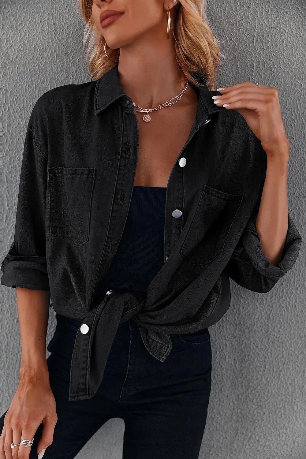 Women's Casual Button Down Denim Shirt Long Sleeve Boyfriend Oversized Jean Jacket with Pockets